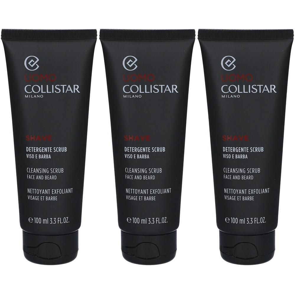 Drie tubes Collistar Cleansing Scrub voor gezicht en baard, elk 100 ml.