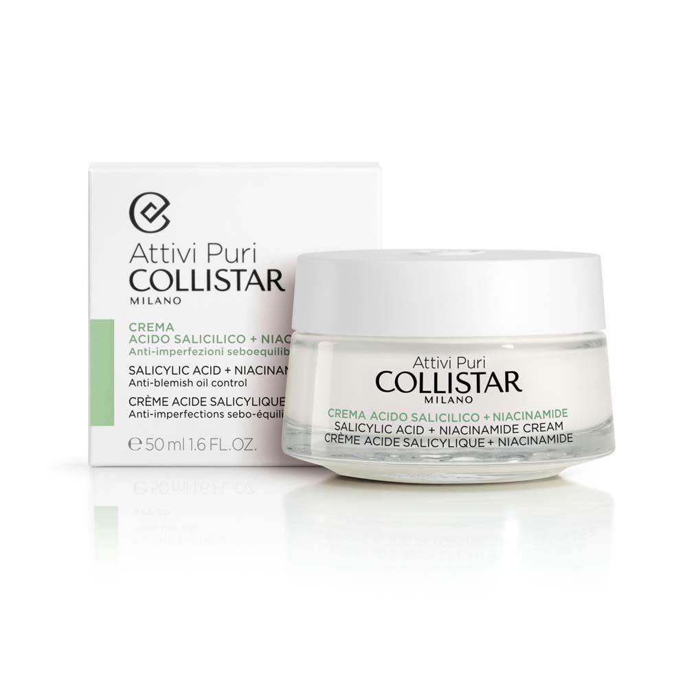 Un pot de Crème Acide Salicylique + Niacinamide Collistar à côté de sa boîte.