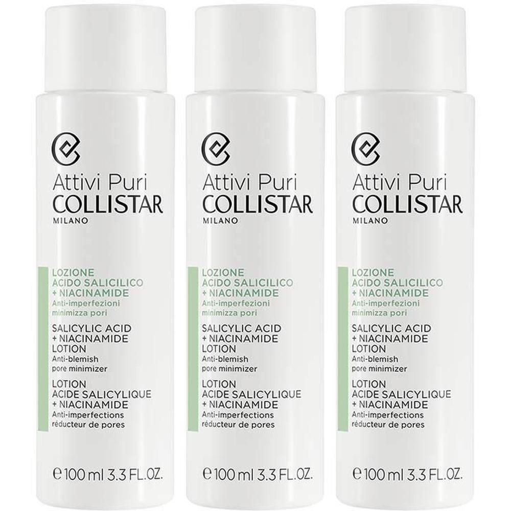 Trois flacons blancs de Lotion Acide Salicylique + Niacinamide Collistar, 100ml.