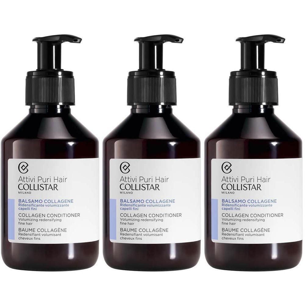 Trois flacons de Baume Collagène Redensifiant Volumisant pour cheveux fins Collistar avec pompes.