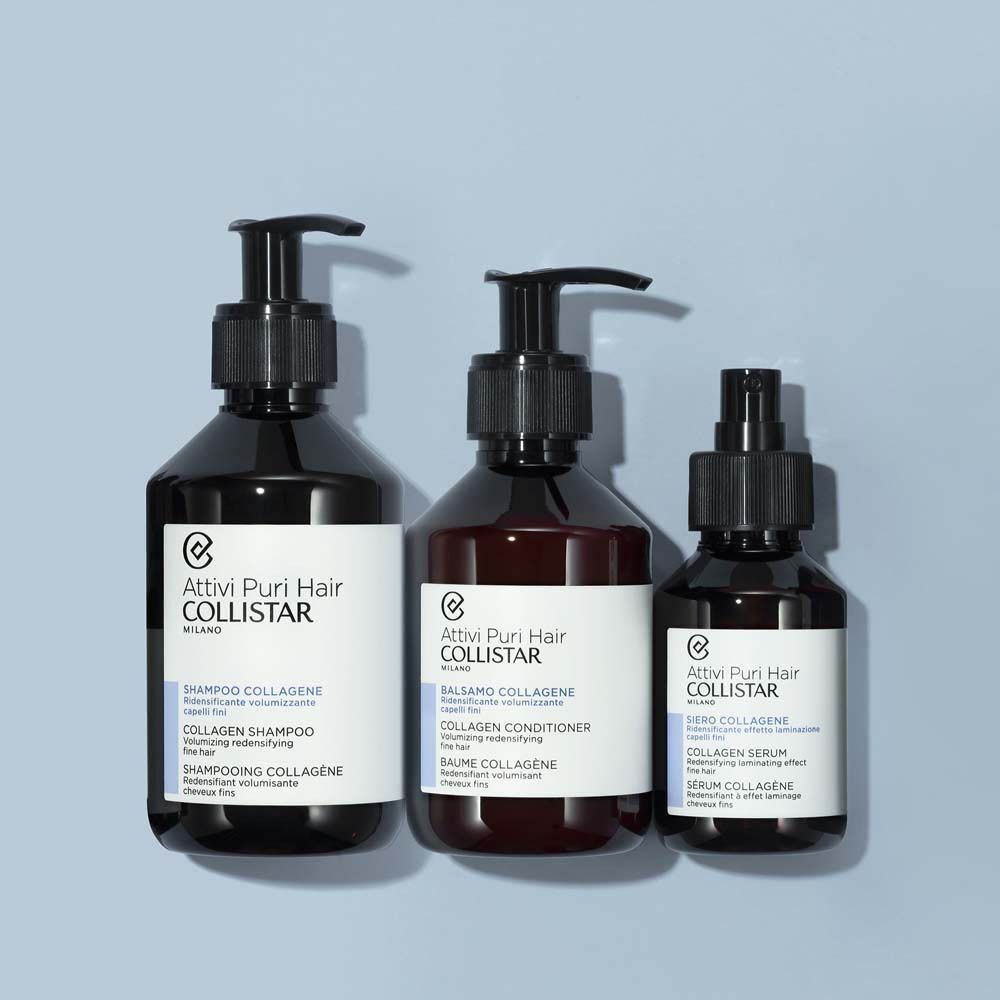 Collistar Collageen Shampoo, Conditioner en Serum voor fijn haar in bruine flessen met pompdosering.