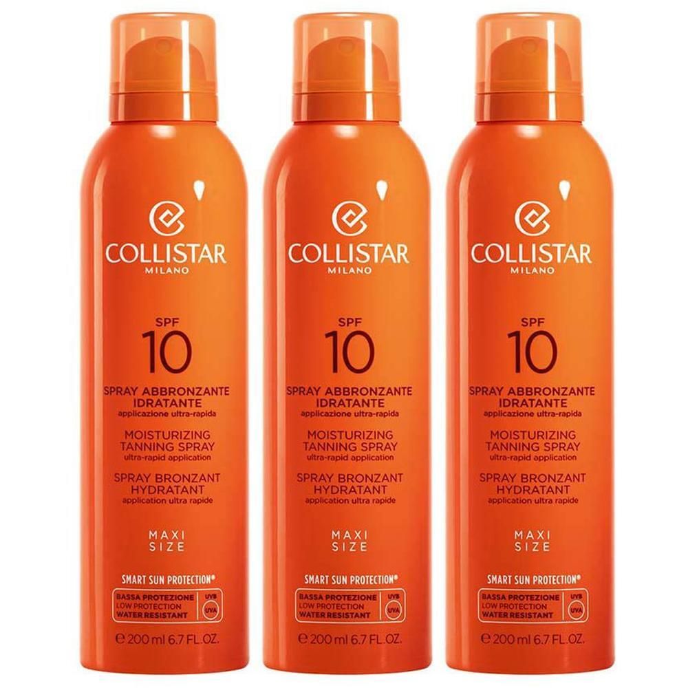 Trois flacons pulvérisateurs orange de Collistar Moisturizing Tanning Spray SPF 10.