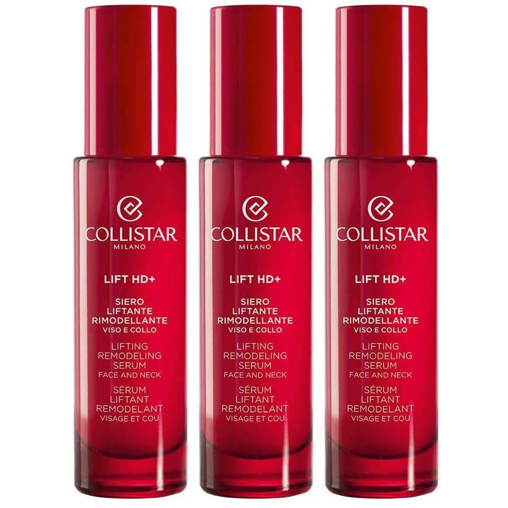 Trois flacons rouges Collistar Lift HD+ Sérum Liftant Remodelant Visage et Cou.