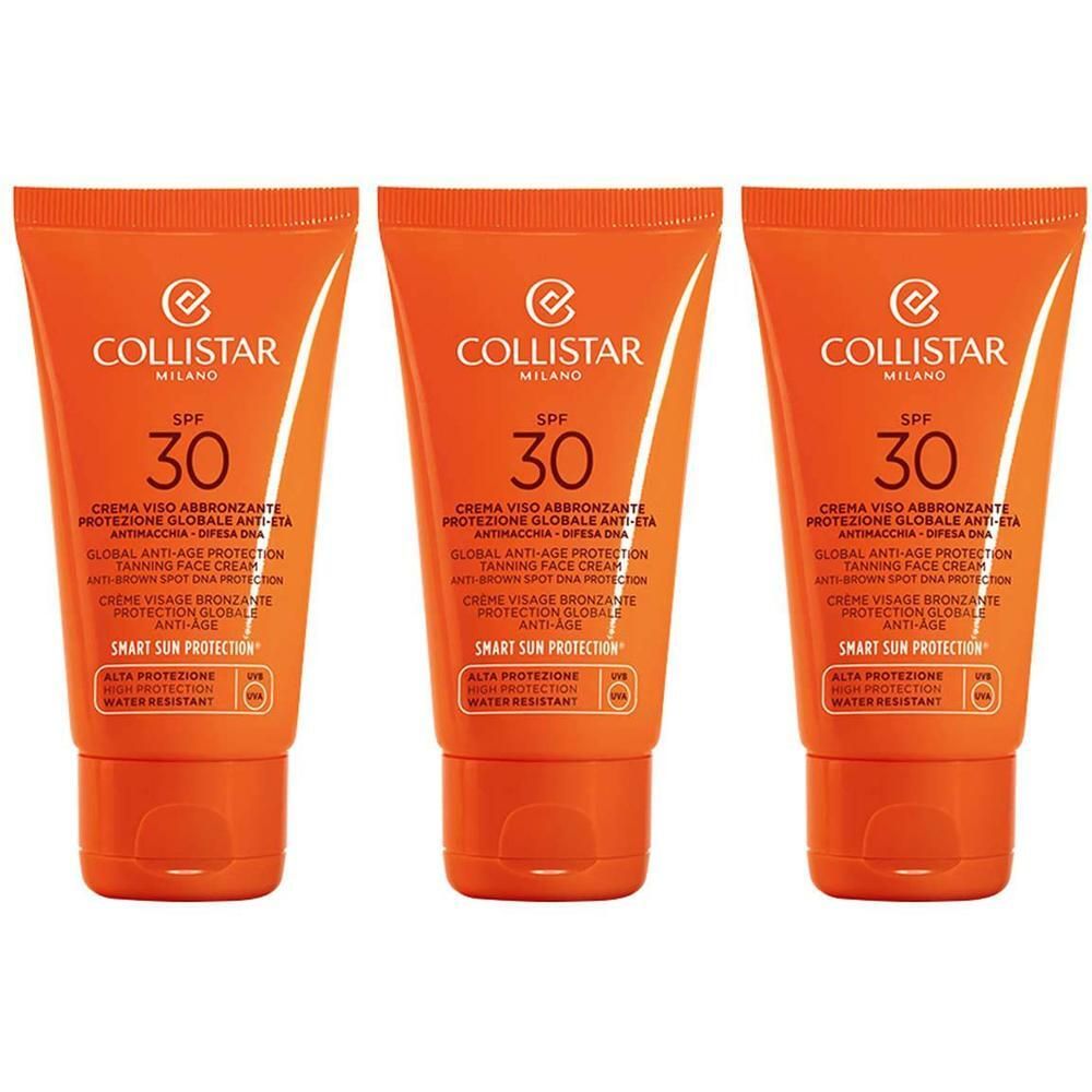 Trois tubes de crème solaire Collistar Global Anti-Age pour le visage, SPF 30.