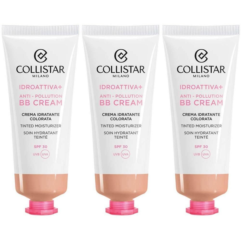Trois tubes de BB Crème Collistar avec SPF 30. Les tubes sont blancs avec inscriptions roses et beiges et un bouchon rose.