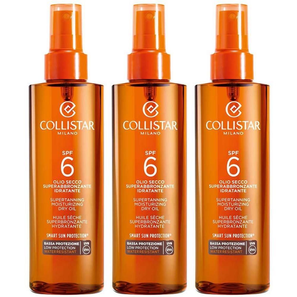 Trois flacons d'huile sèche superbronzante hydratante Collistar SPF 6 avec spray.