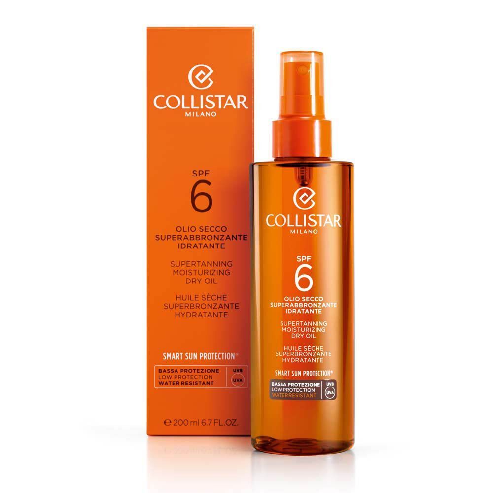 Flacon d'huile sèche superbronzante hydratante Collistar SPF 6 avec spray et sa boîte.