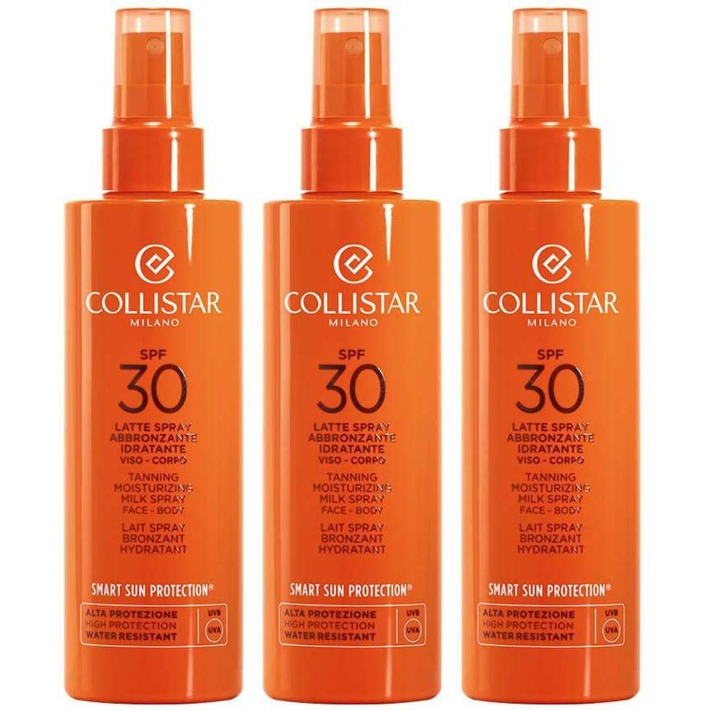 Drie flessen Collistar Tanning Moisturizing Milk Spray SPF 30, oranje met spuitkop.