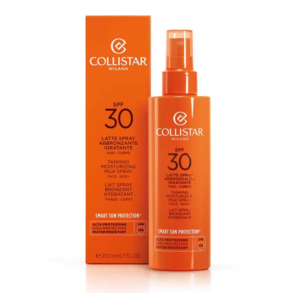 Lait Spray Bronzant Hydratant Collistar SPF 30 en flacon et emballage orange.