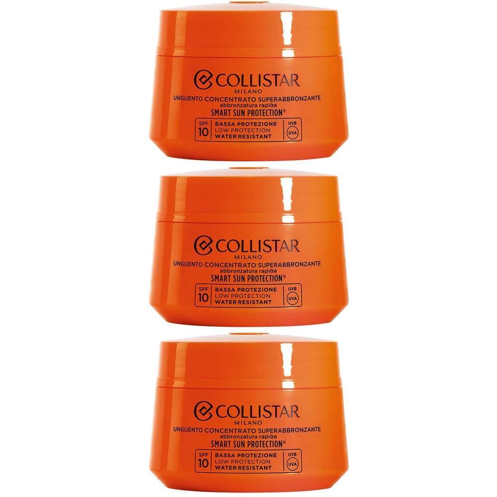 Drie oranje potjes zonnebrandcrème van Collistar, SPF 10.