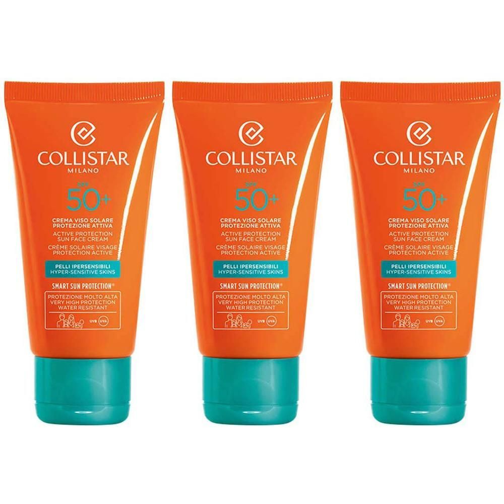 Drie tubes Collistar zonnebrandcrème voor gezicht SPF 50+, oranje met turquoise dop.