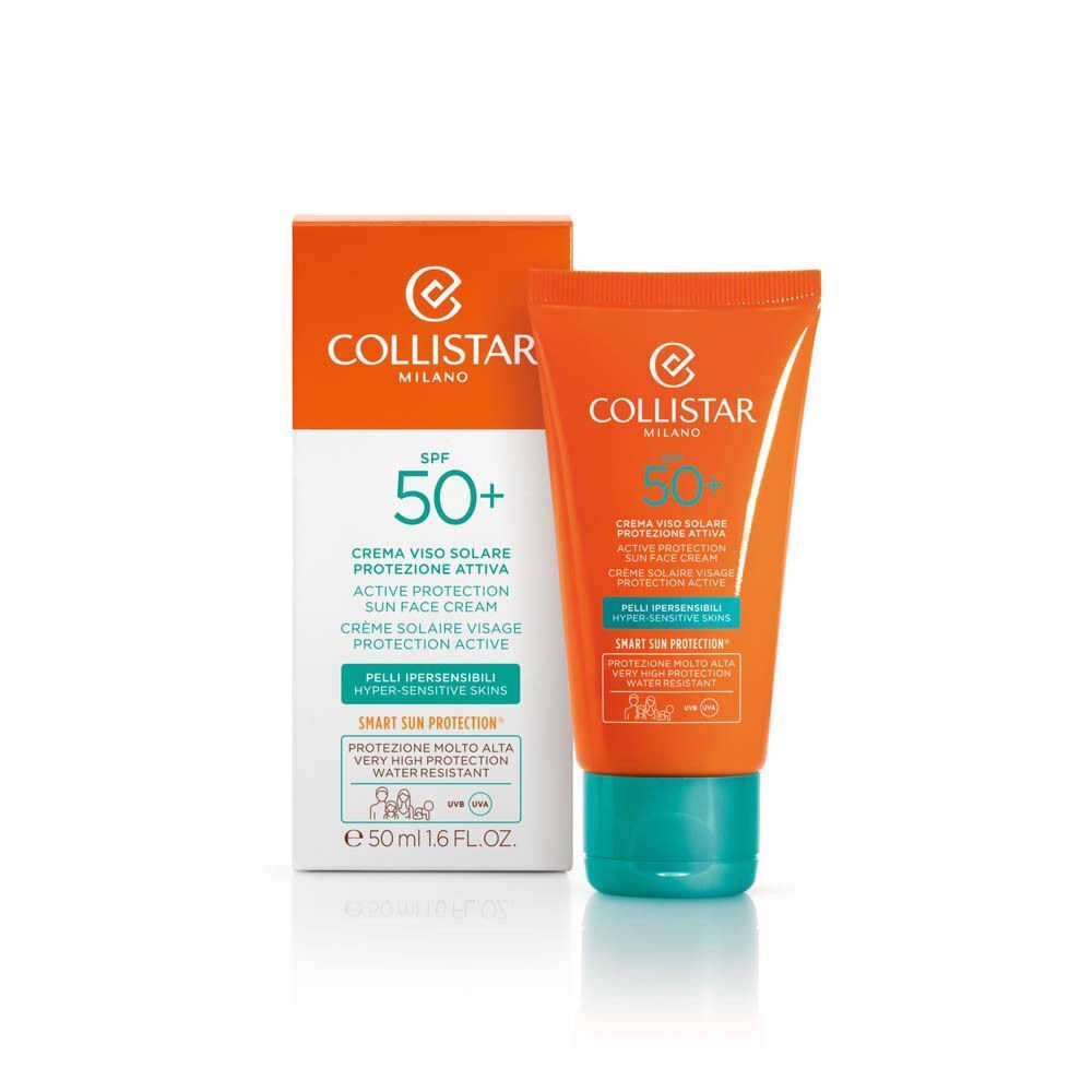 Collistar zonnebrandcrème voor gezicht SPF 50+ in oranje tube met turquoise dop en verpakking.