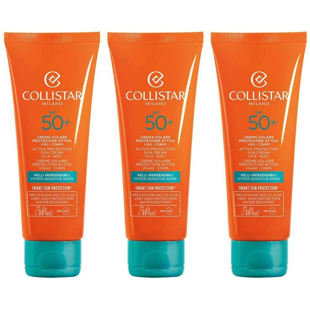 Trois tubes de crème solaire Collistar Active Protection SPF 50+ pour le visage et le corps.