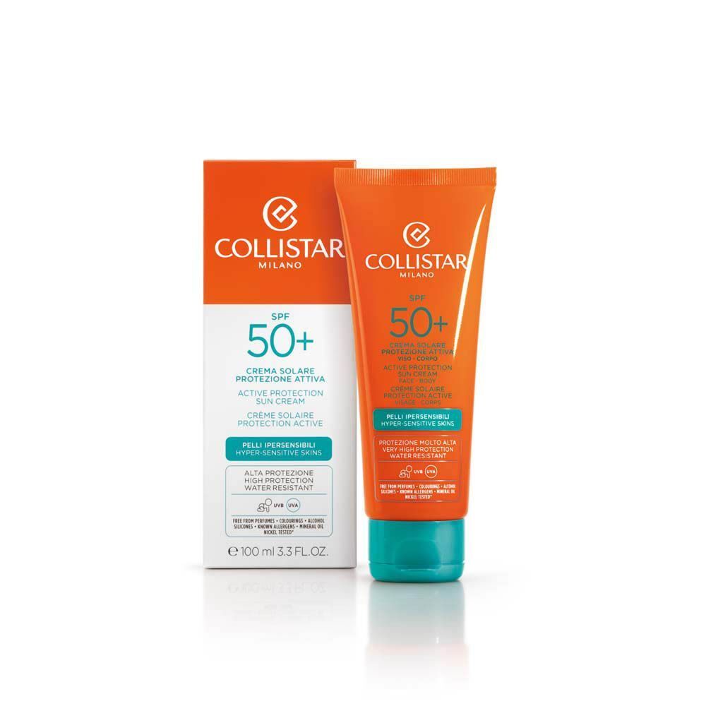 Collistar Active Protection Sun Cream SPF 50+ voor gezicht en lichaam in oranje tube met doosje.