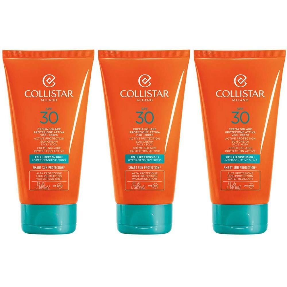 Trois tubes de crème solaire Collistar SPF 30, orange avec bouchon turquoise.