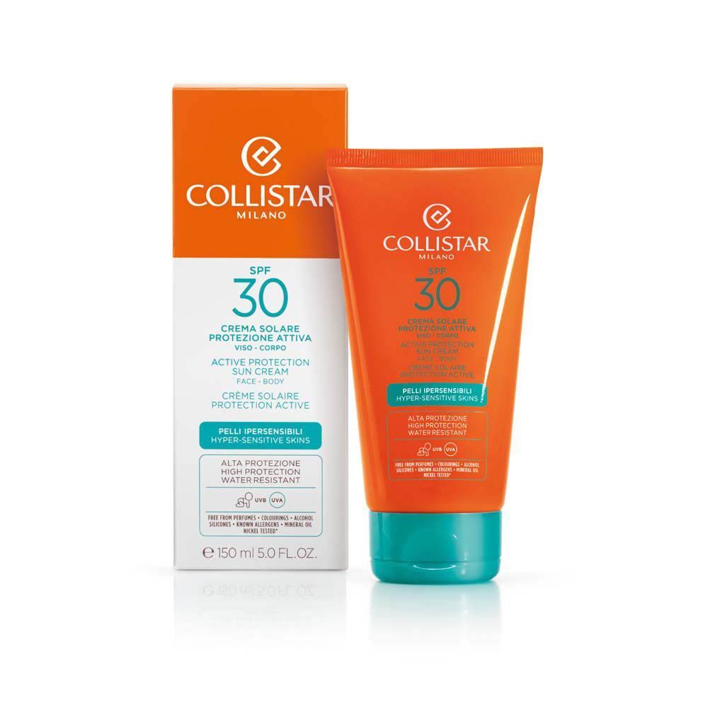 Crème solaire Collistar SPF 30 en tube et boîte, orange avec bouchon turquoise.
