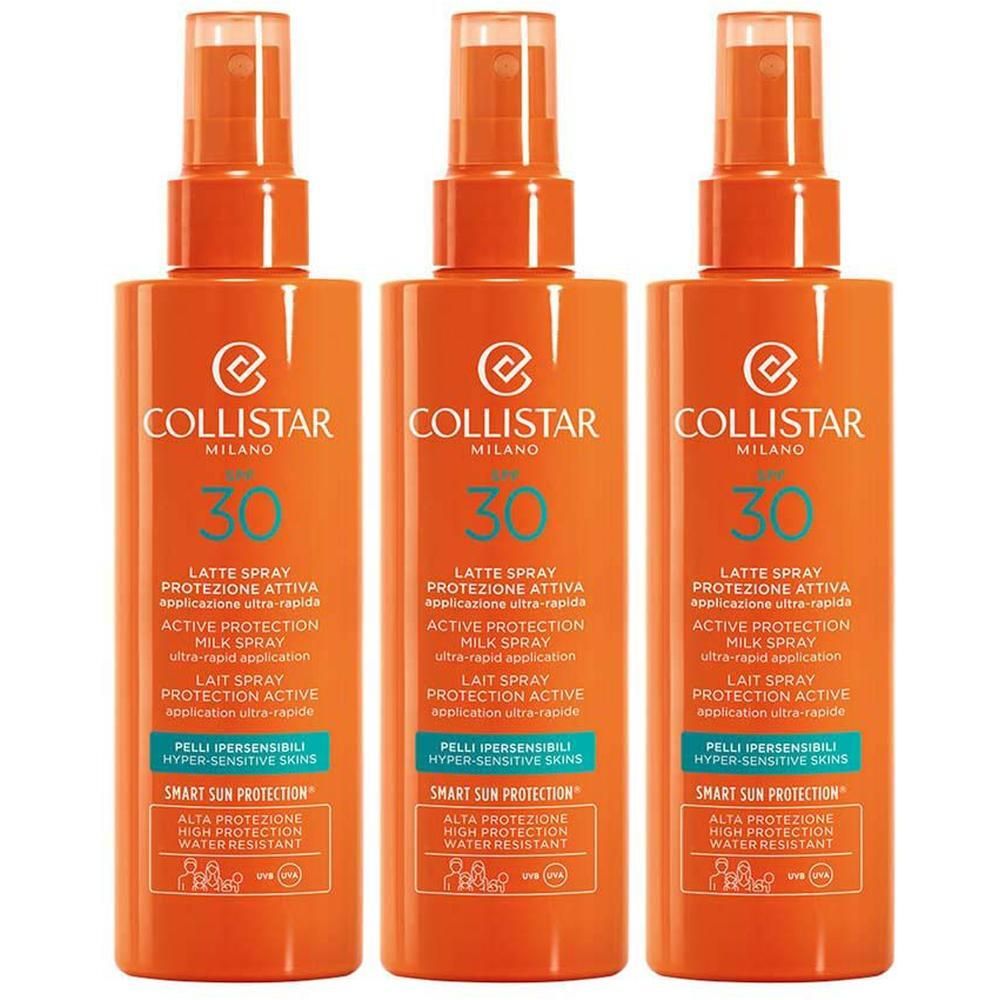 Drie flessen Collistar zonnebrandspray Lait Spray SPF 30. Oranje flessen met spuitkop.