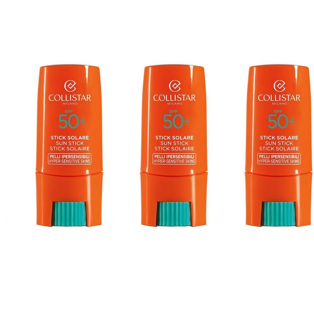 Drie Collistar zonnesticks SPF 50+ in oranje verpakking.