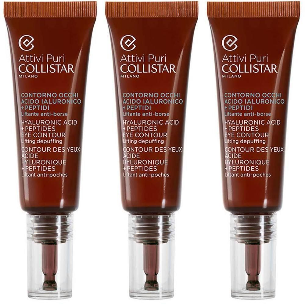 Drie bruine tubes met oogverzorging met hyaluronzuur en peptiden.