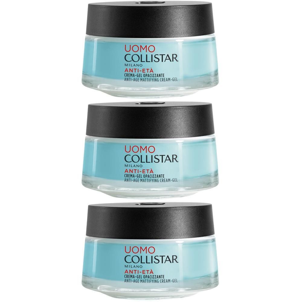 Trois pots de Crème-Gel Matifiante Anti-Âge Collistar Uomo avec couvercle noir et contenu bleu clair.