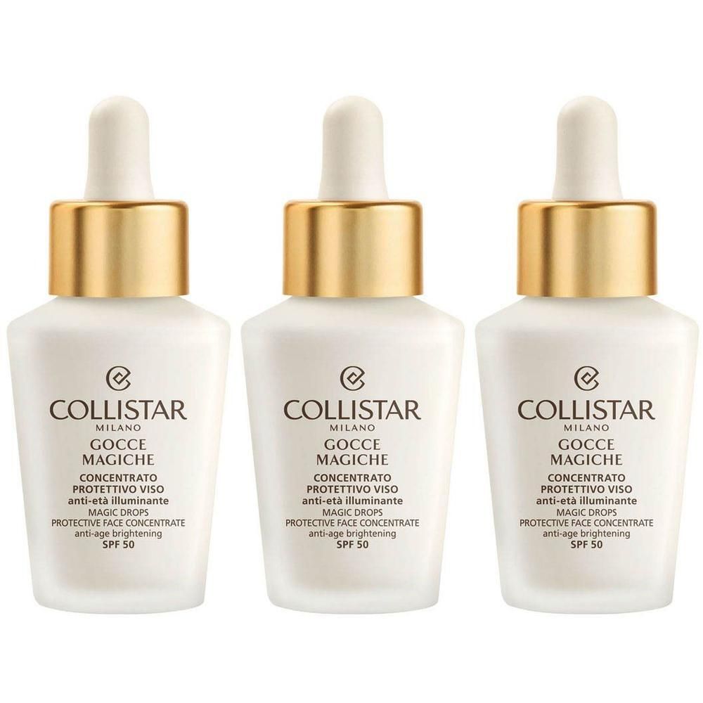Drie flacons Collistar Magic Drops SPF 50 met druppelaar.
