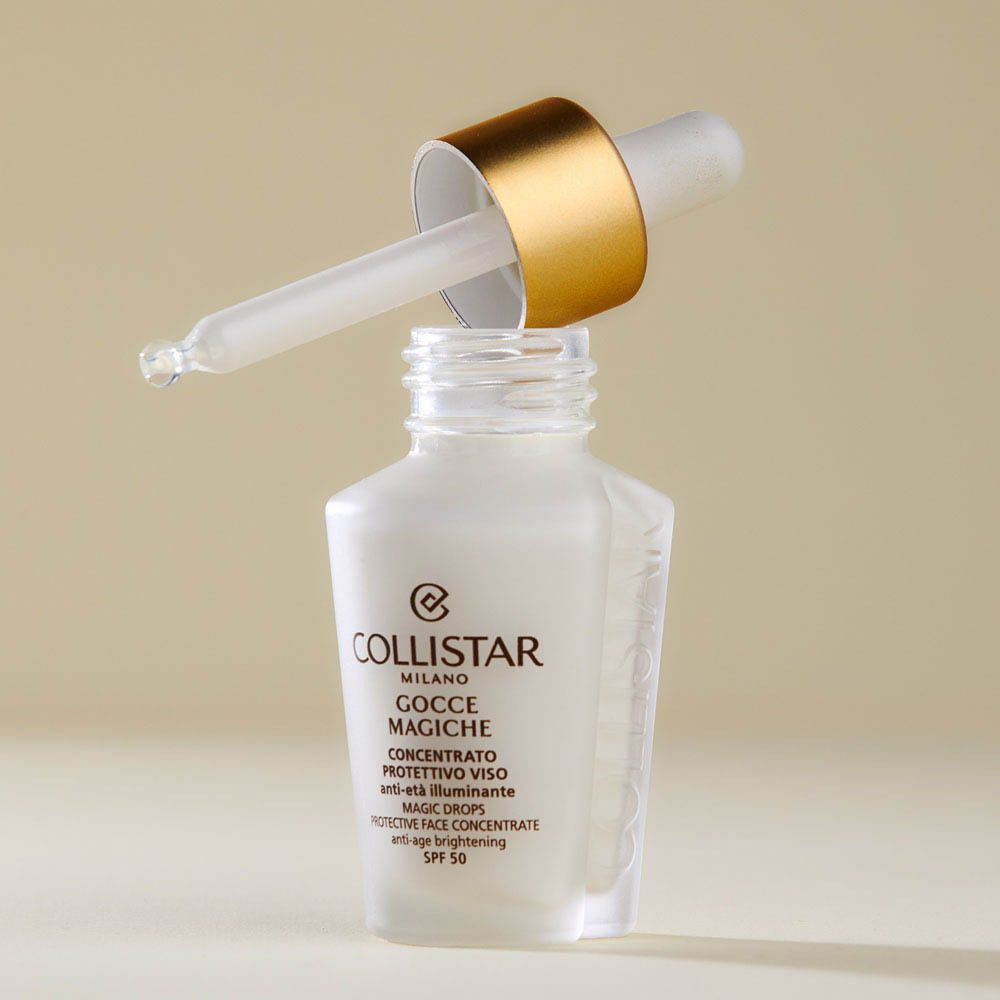Een flacon Collistar Magic Drops SPF 50 met geopende druppelaar.