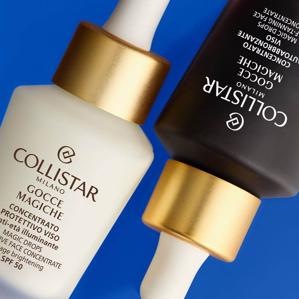 Twee flacons Collistar Magic Drops SPF 50, één wit, één zwart.
