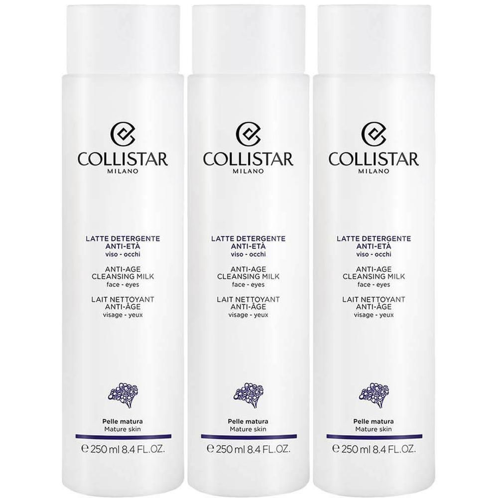 Trois flacons de Lait Nettoyant Anti-Âge Collistar, 250 ml chacun.