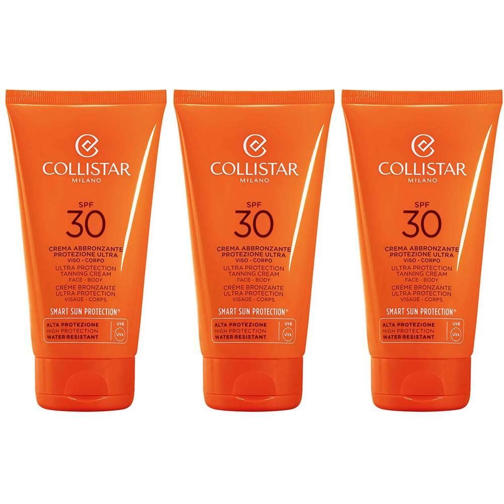Trois tubes de crème solaire Collistar SPF 30 pour le visage et le corps.