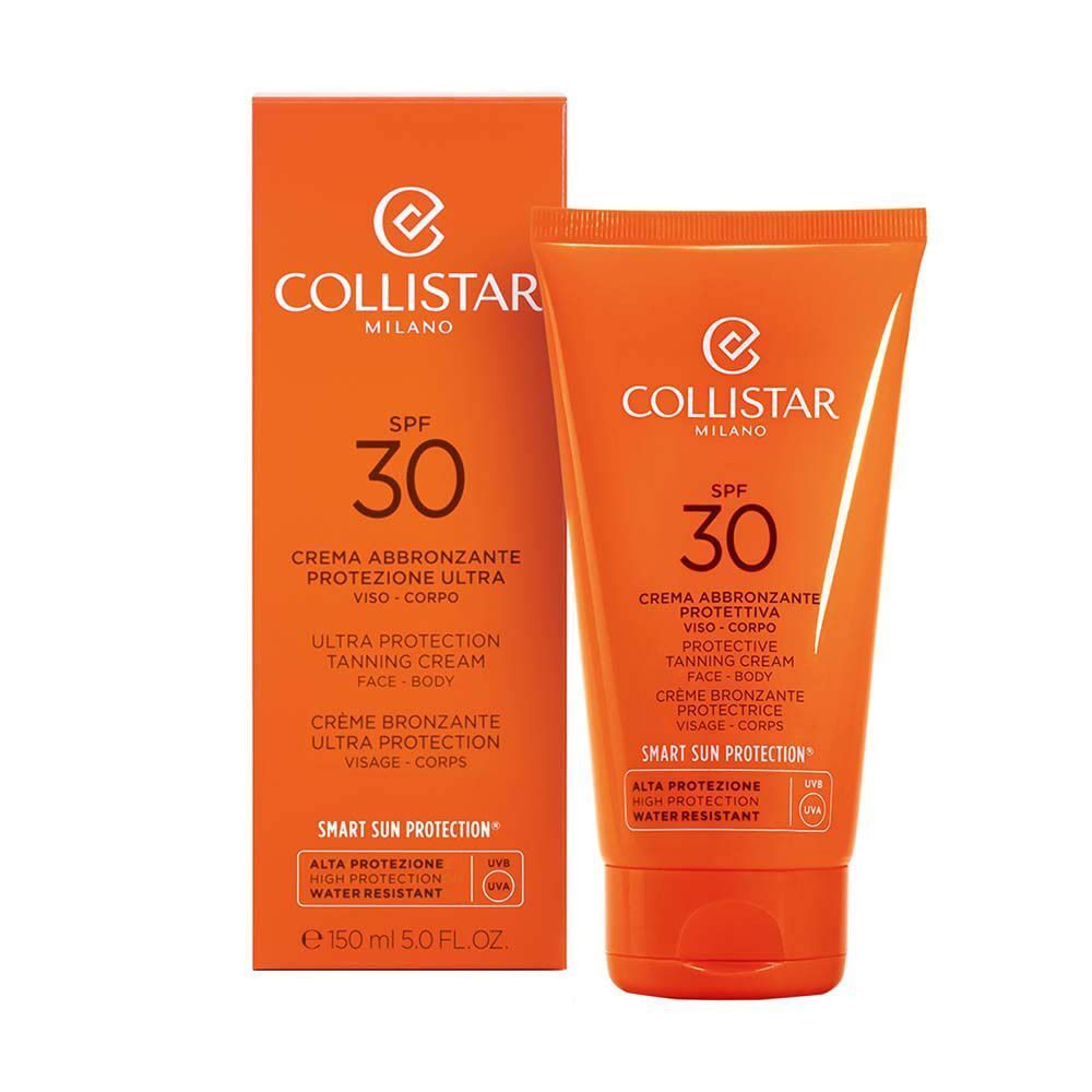 Crème solaire Collistar SPF 30 pour visage et corps dans son emballage orange.