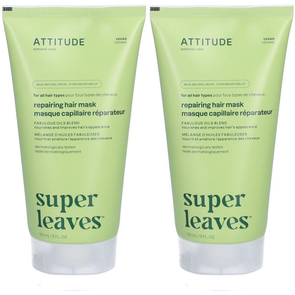 Deux tubes de masque capillaire réparateur ATTITUDE Super Leaves au mélange d'huiles Fabuleuses.