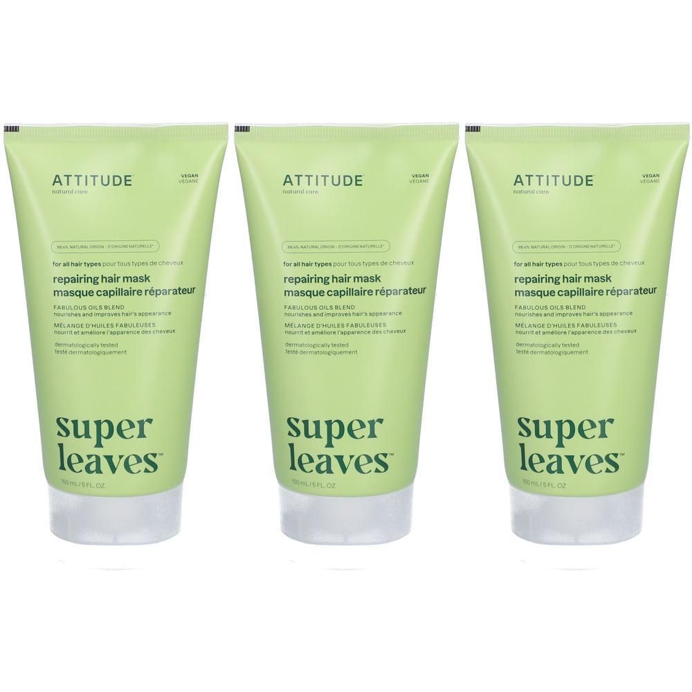 Drie groene tubes ATTITUDE Super Leaves™ herstellend haarmasker met Fabulous Oils Blend.