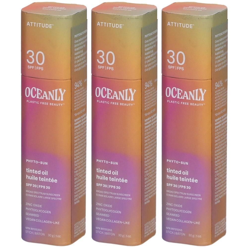 Trois flacons Attitude Oceanly Phyto-Sun huile teintée SPF 30. Offre une protection à large spectre.