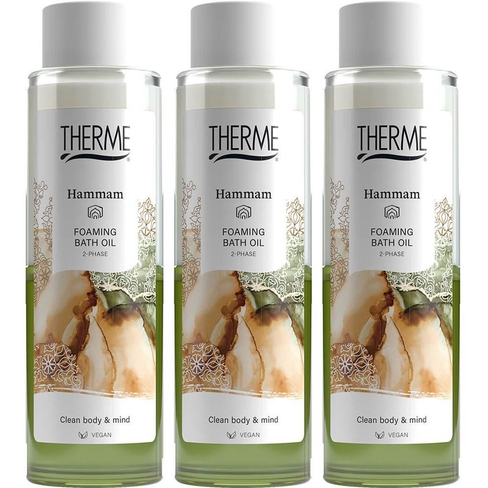 Trois flacons d'huile de bain moussante Therme Hammam, 2 phases, végan.