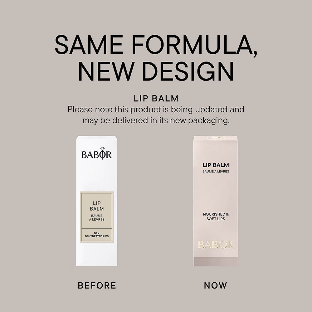 Vergelijking van Babor lippenbalsem 'Voorheen' en 'Nu' met tekst 'Zelfde formule, nieuw design'.