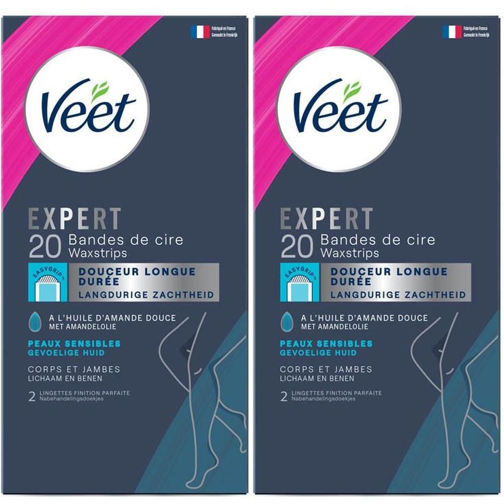 Deux paquets de bandes de cire Veet Expert pour le corps et les jambes, 20 bandes.