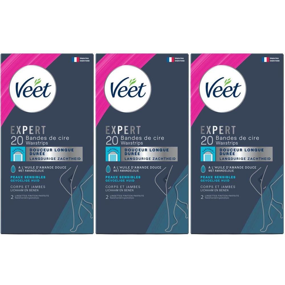 Drie pakken Veet Expert ontharingswaxstrips voor lichaam en benen.