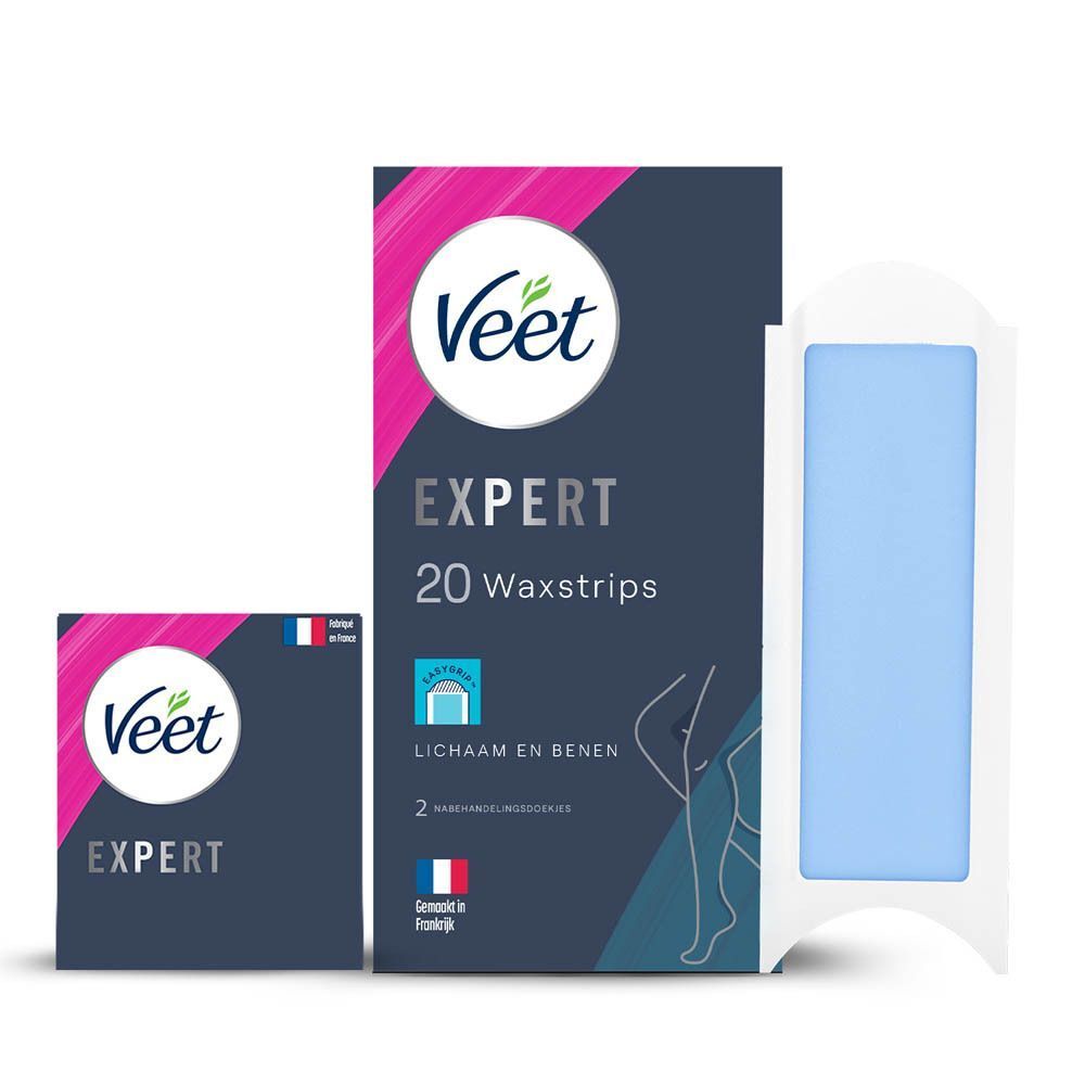 Veet Expert waxstrips verpakking met een losse waxstrip houder.
