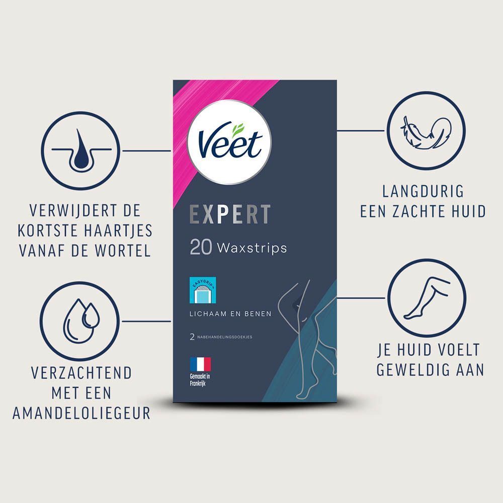 Veet Expert waxstrips verpakking met iconen voor haarverwijdering, langdurige zachtheid en amandelolie.