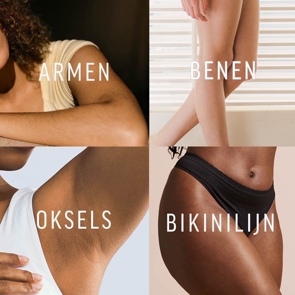 Collage van lichaamsdelen: armen, benen, oksels en bikinilijn voor ontharing.