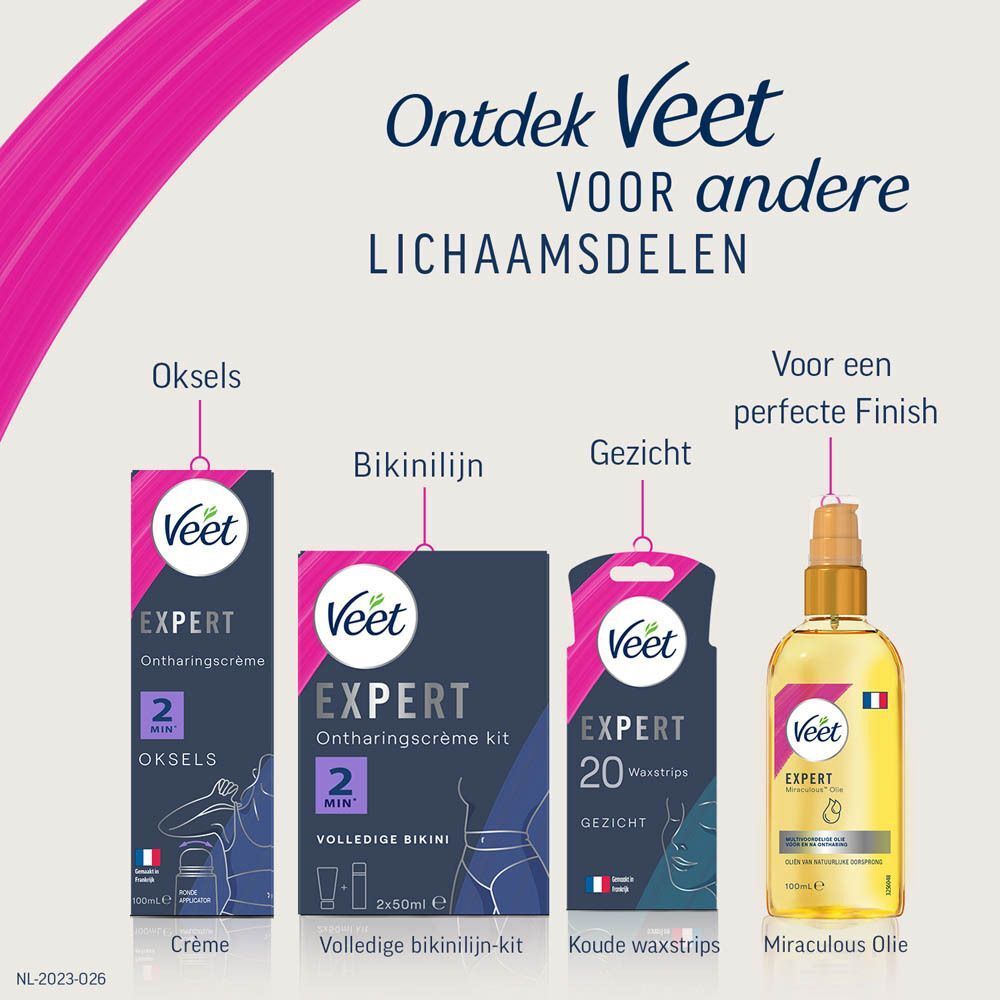 Veet Expert producten voor oksels, bikinilijn, gezicht en een arganolie finish product.
