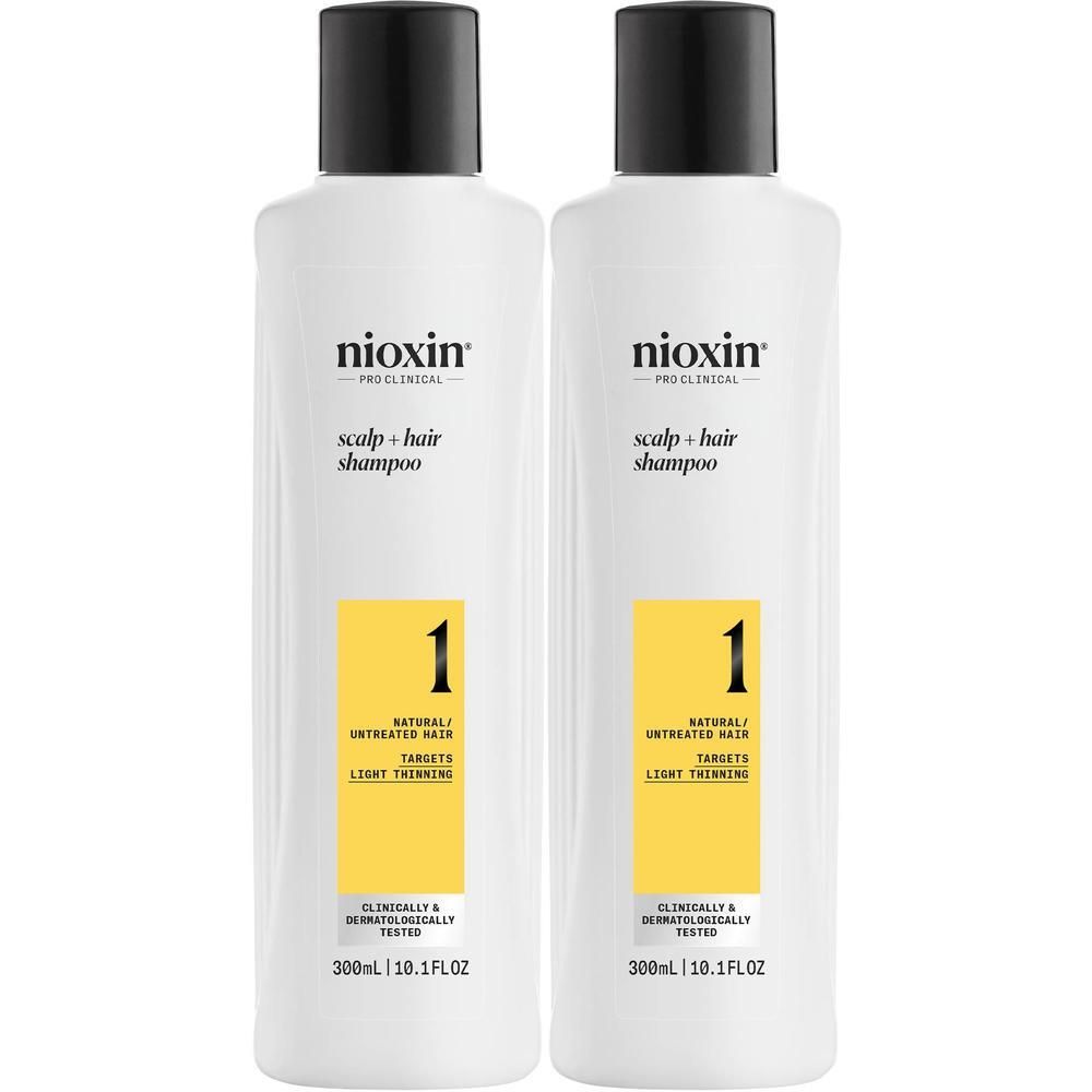 Deux bouteilles de shampooing Nioxin Système 1 pour cheveux clairsemés, 300ml.