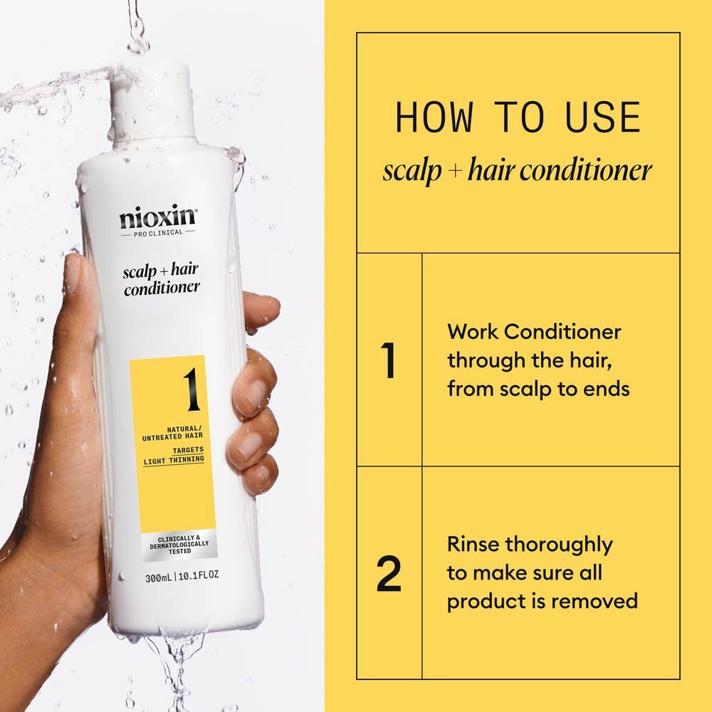 Bouteille de Nioxin Scalp + Hair Conditioner avec pompe, 300ml. Instructions sur la droite.
