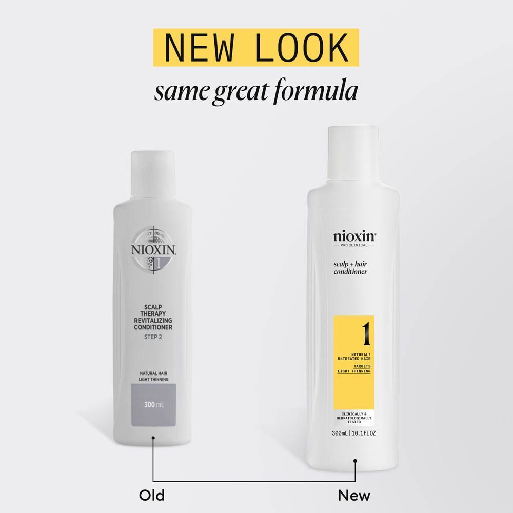 Comparaison de bouteilles Nioxin : une ancienne et une nouvelle version du revitalisant Nioxin Scalp Therapy.
