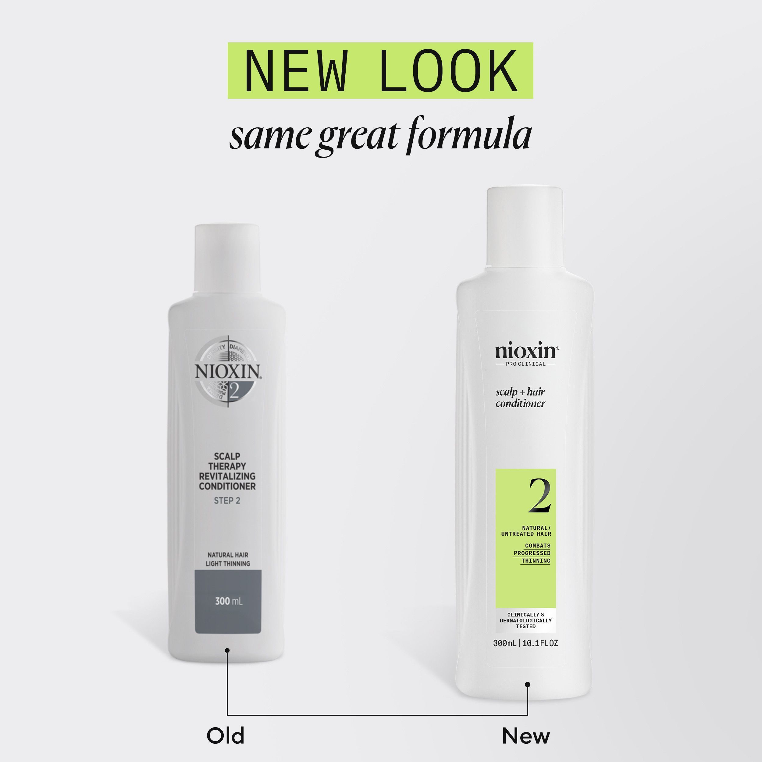 Comparaison du revitalisant Nioxin Système 2 : ancien et nouveau packaging, tous deux 300 ml.