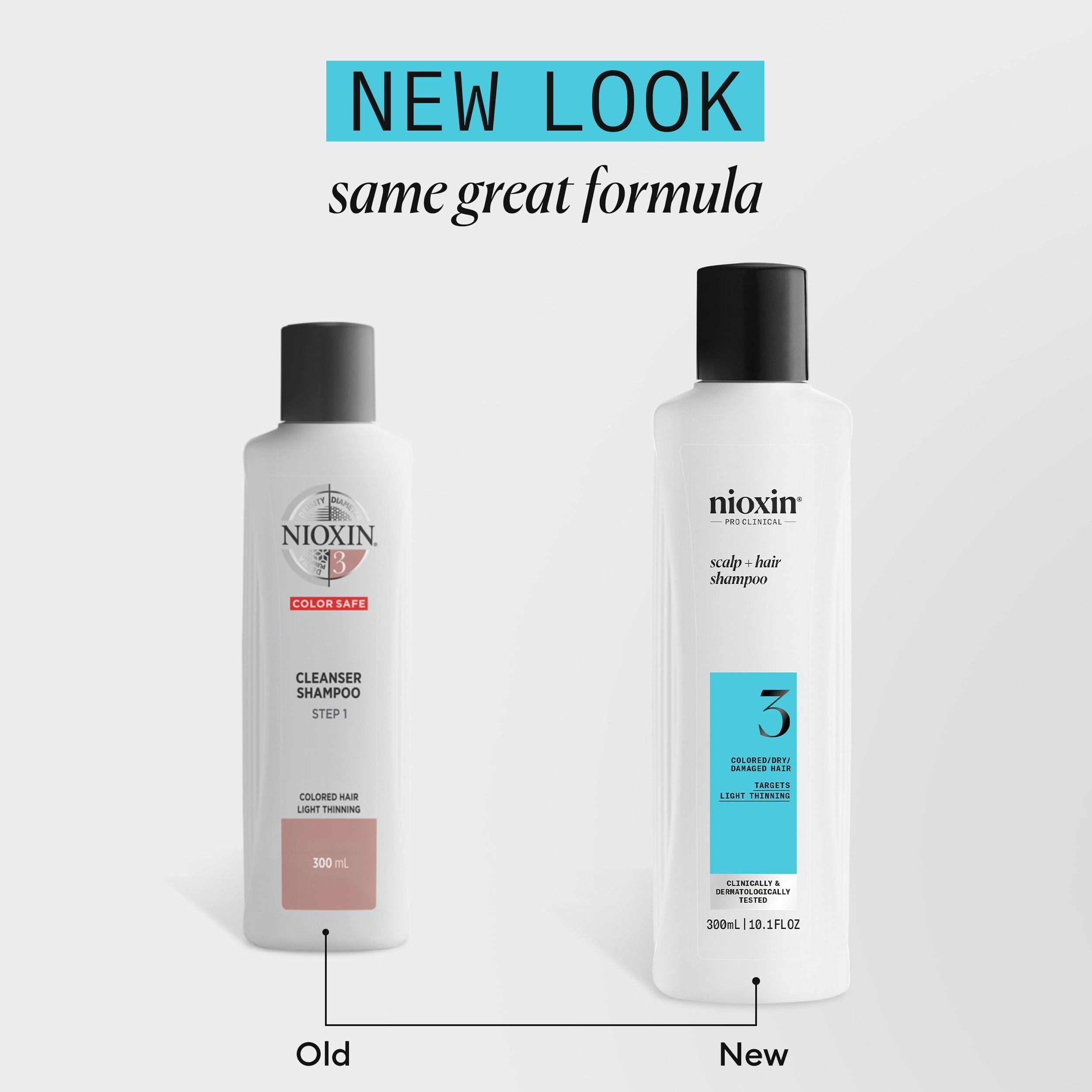 Comparaison du Nioxin System 3 Shampoo (nouveau) avec un ancien emballage. Les deux sont pour cheveux colorés et clairsemés.