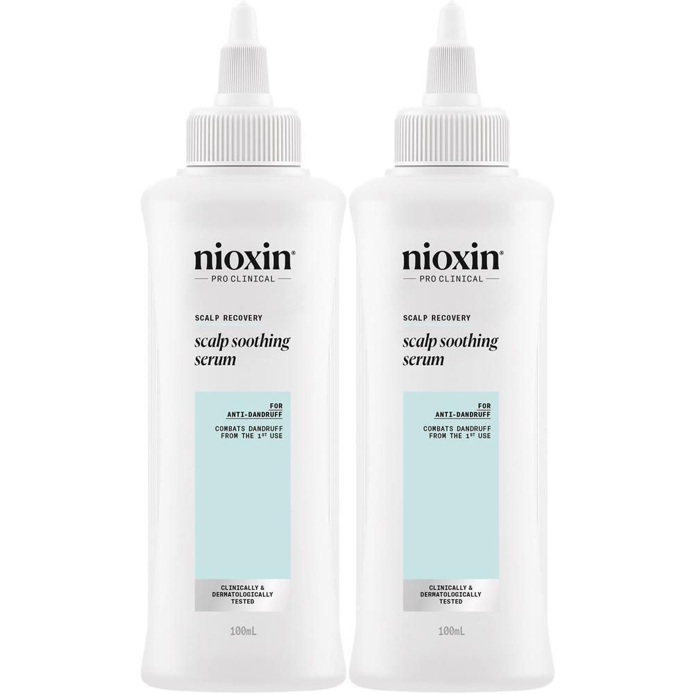 Twee witte flessen Nioxin Scalp Recovery Scalp Soothing Serum met applicatorpunten.