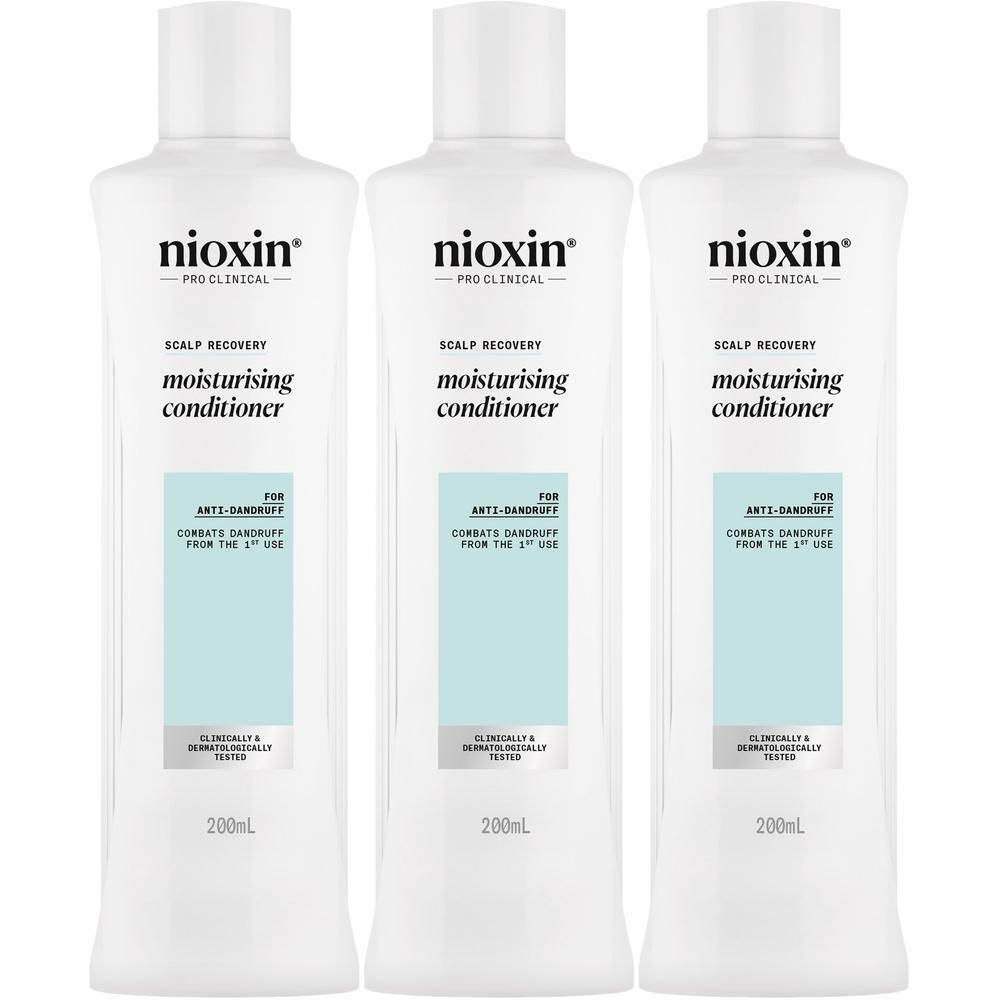 Trois bouteilles de Nioxin Scalp Recovery après-shampooing hydratant anti-pelliculaire, 200ml chacune.