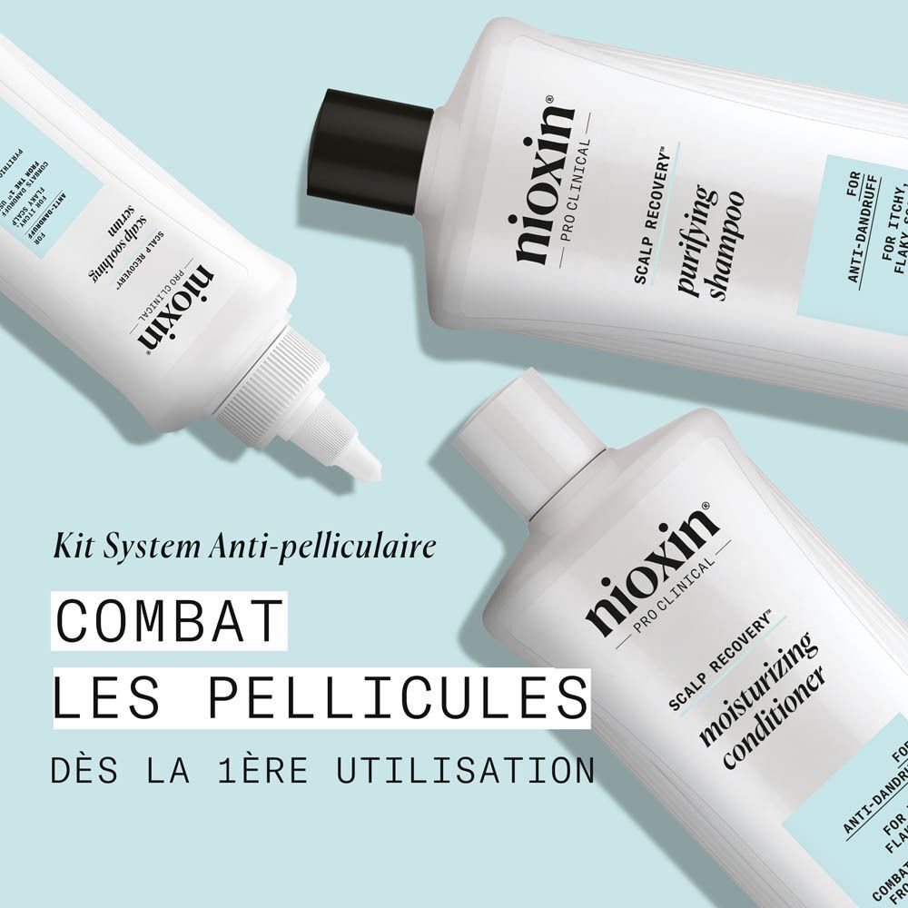 Kit Nioxin Scalp Recovery Anti-Pelliculaire avec shampooing purifiant et après-shampooing hydratant.