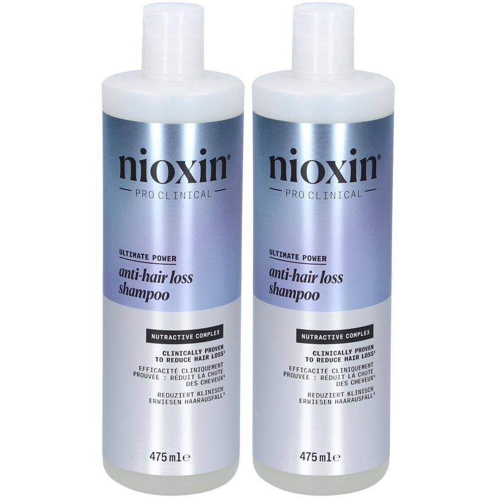 Deux bouteilles de shampooing Nioxin Pro Clinical anti-chute, 475ml chacune.